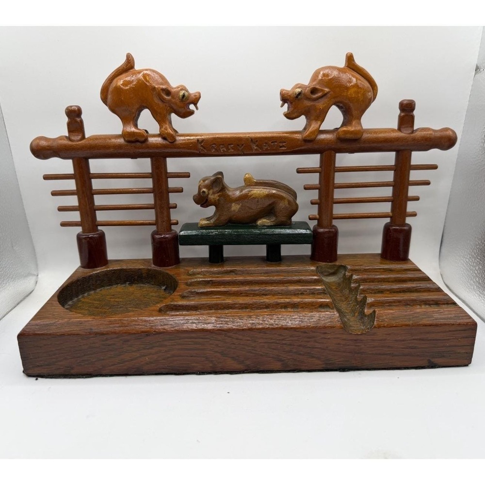 Vintage Folk Art Wood Desk Organizer Krazy Katz Carved Cats Whimsical‎